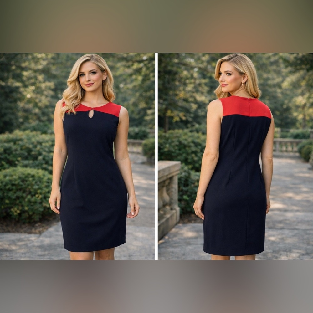Talbots Sheath Dress 10 Red Navy Blue Ponte Sleeveless Stretch Washable Career